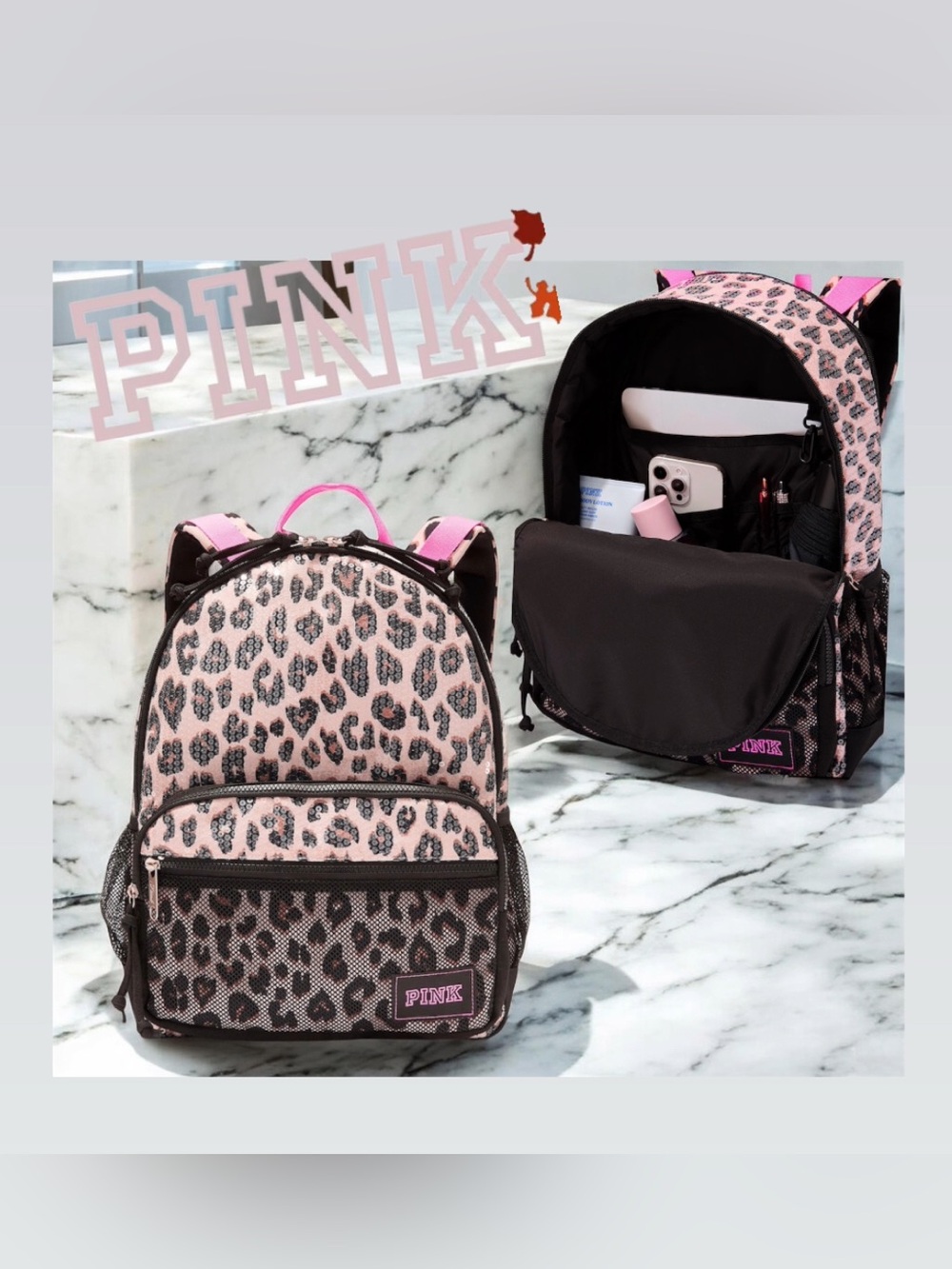 Victorias Secret Pink Backpack Bookbag Sequin Leopard NWT